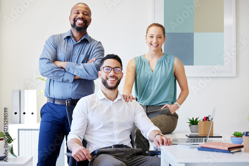 Happy, office and portrait of business people at startup for company pride, opportunity or career. Professional, creative agency and men and woman with smile for diversity, teamwork or collaboration
