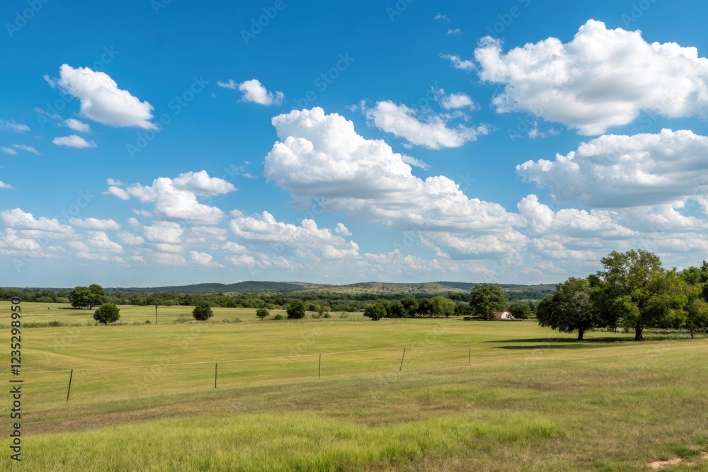 Field under blue sky with clouds in Oklahoma, green crops, rolling hills Field under blue sky with clouds in Oklahoma, green crops, rolling hills