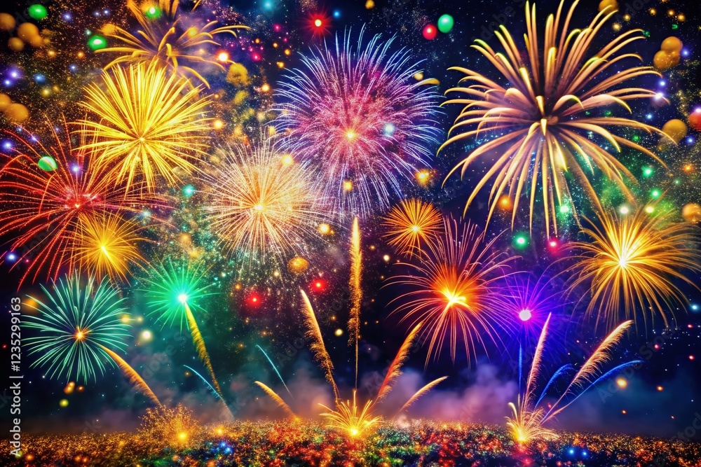 Naklejka premium Happy Birthday Fireworks Confetti Long Exposure Celebration Night Photography