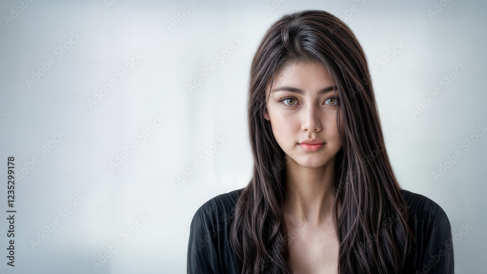 A young Asian American woman looking directly at the viewer. She is wearing a black top. A flawless complexion and beautiful brown eyes. Studio portrait. White backdrop. Copy space. A young Asian American woman looking directly at the viewer. She is wearing a black top. A flawless complexion and beautiful brown eyes. Studio portrait. White backdrop. Copy space.