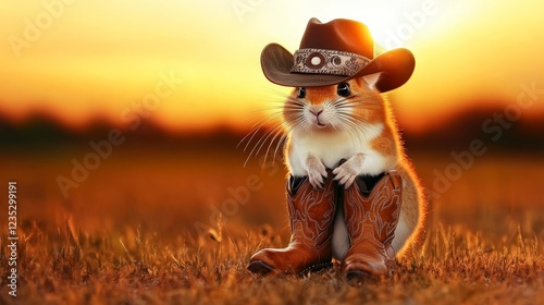 A chinchilla dressed in cowboy attire stands out against a shiny backdrop, appearing both cute and fashionable..The chinchilla, wearing cowboy gear, is framed by a shimmering background, looking photo