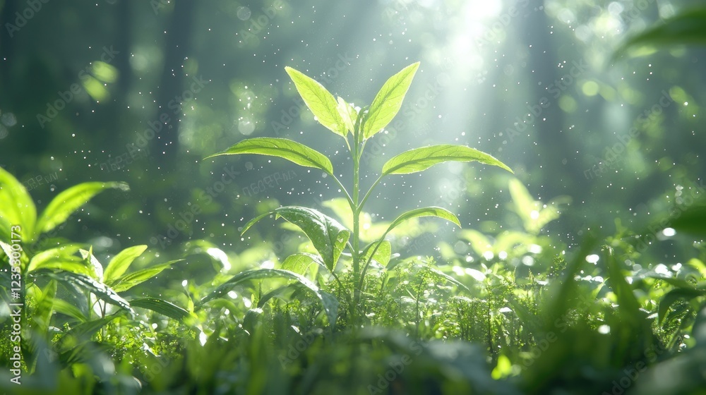 Tea plant sprout sunlight forest rain nature