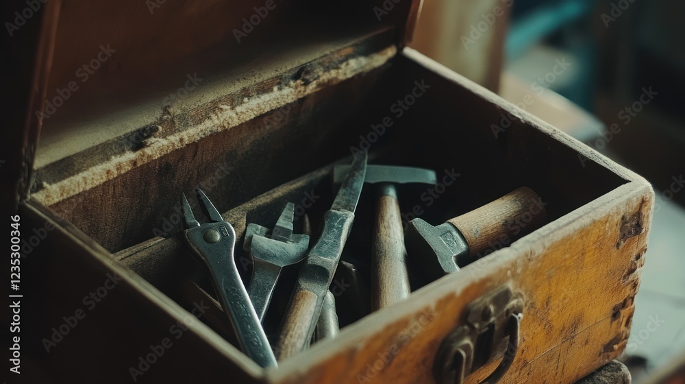 Old Wooden Box Contains Various Hand Tools Old Wooden Box Contains Various Hand Tools