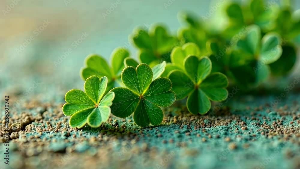 Saint Patrick's Day background with A bunch of green clovers are on a green surface. The clovers are small and are arranged in a row