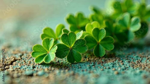 Saint Patrick's Day background with A bunch of green clovers are on a green surface. The clovers are small and are arranged in a row