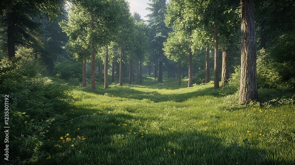 A dense pine forest with tall trees and lush green grass, creating an enchanting woodland scene. A dense pine forest with tall trees and lush green grass, creating an enchanting woodland scene.