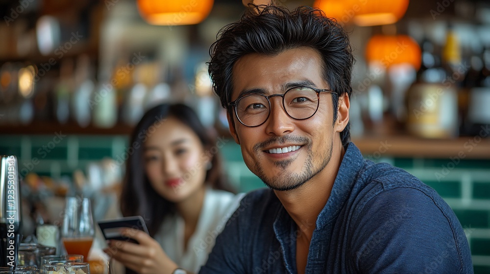 Smiling man in glasses at cafe, woman blurred background. Smiling man in glasses at cafe, woman blurred background.