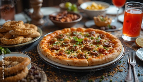 Beautifully Arranged Turkish Iftar Table with Lahmacun, Simit, and Traditional Şerbet photo