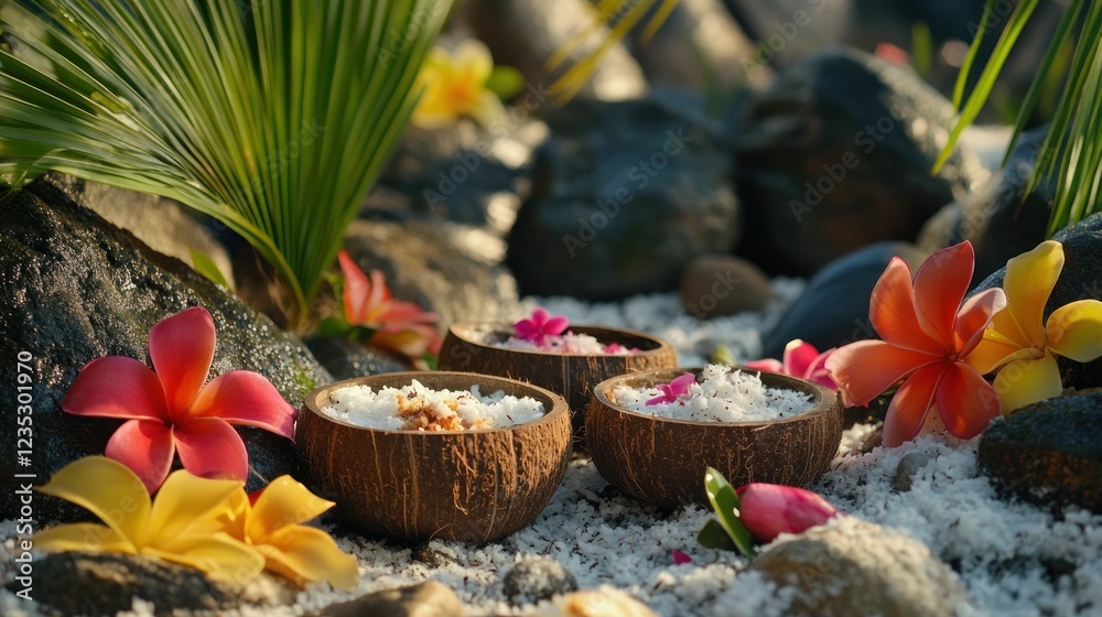 Coconut Bowls With Rice Dessert And Tropical Flowers Coconut Bowls With Rice Dessert And Tropical Flowers
