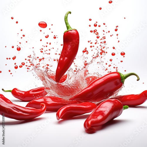 Red Chili Peppers Splashing in Water
