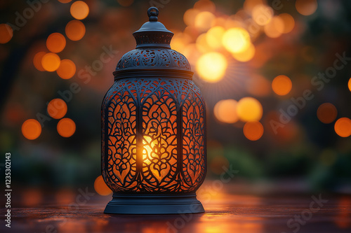 Beautiful Arabic lantern with intricate patterns glowing in warm golden light, creating a spiritual ambiance, symbolizing Ramadan traditions, peace, and faith. photo