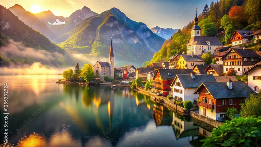 Naklejka premium Idyllic Lakeside Village in Majestic Mountains: Breathtaking Bokeh Photography