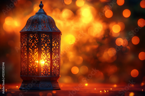 Beautiful Arabic lantern with intricate patterns glowing in warm golden light, creating a spiritual ambiance, symbolizing Ramadan traditions, peace, and faith. photo