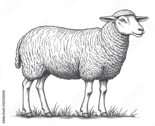 An isolated vintage engraving of a lamb set, showcasing a ram ink sketch. The farm animal sheep background includes a mutton silhouette art, presented as a black and white hand-drawn image photo