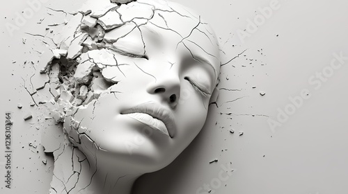 A white sculpture of an Asian woman's face is breaking apart into pieces, the surface is cracked and broken. 