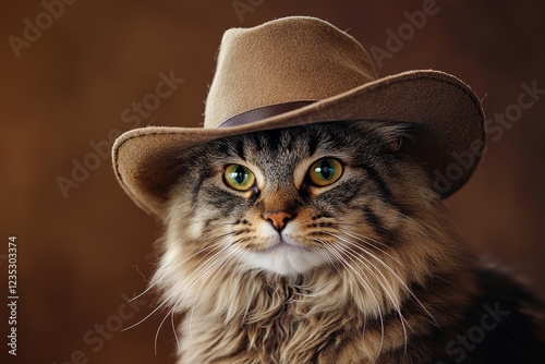A Siberian cat, wearing a cowboy hat, is depicted humorously in an empty or minimalist room.