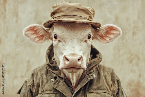 Confidently standing in the outdoor sun, a stylish cow dons a fashionable brown hat and coat, highlighting its bovine beauty and cowboy spirit. photo