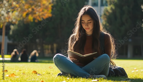 Young Woman Reading Book Outdoors On Grass
