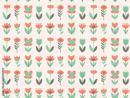 Floral Delight: Repeating Pattern of stylized flowers in coral and mint green, perfect for textile design, wallpaper, or packaging.  