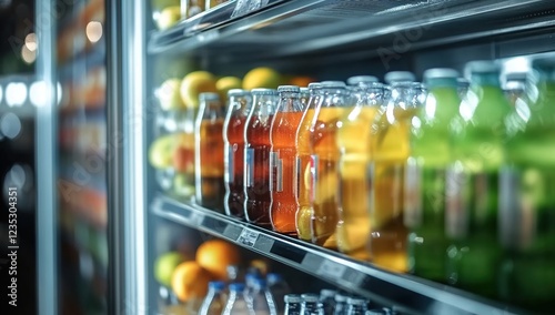 Close-up of the shelves in an extreme close-up of cold drinks and fruit secured behind glass doors in a supermarket, focus on coolers with different soft drinks, blurry background