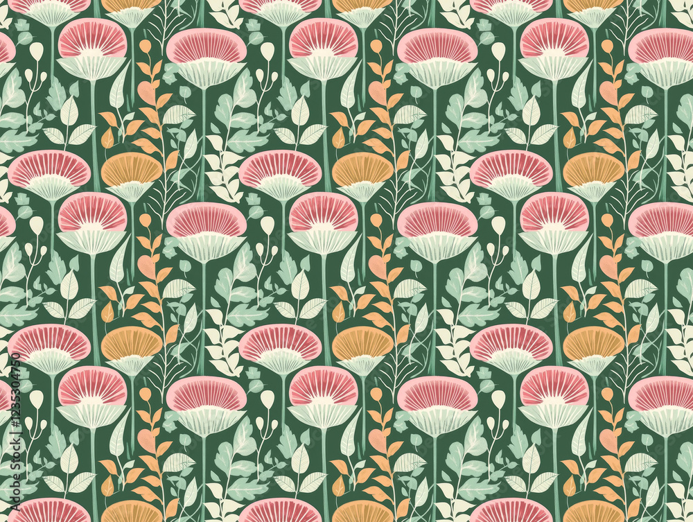 Floral Garden Pattern: A captivating seamless pattern featuring stylized pink and peach flowers with teal leaves on a deep green background. Perfect for textile design, wallpaper. Floral Garden Pattern: A captivating seamless pattern featuring stylized pink and peach flowers with teal leaves on a deep green background. Perfect for textile design, wallpaper.
