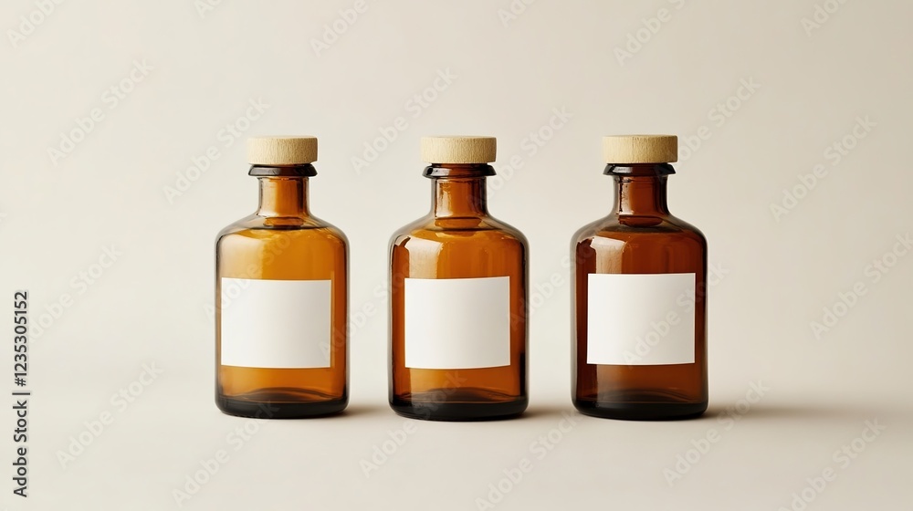 Photo of three brown glass bottles with white blank labels on the front, on a light gray background.