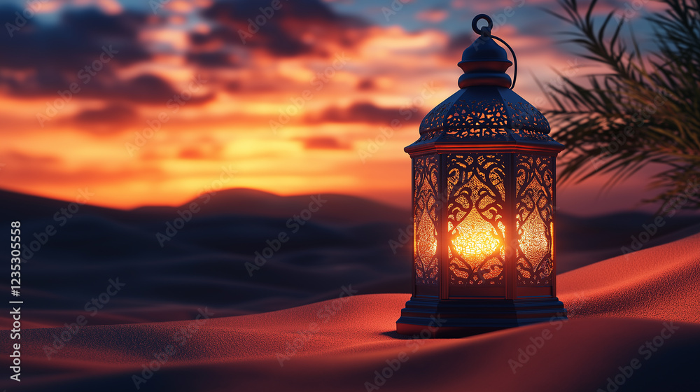 Single Ramadan lantern glowing on desert dunes at sunset, symbolizing faith, devotion, and the peaceful ambiance of the sacred holy month of fasting and prayers. Single Ramadan lantern glowing on desert dunes at sunset, symbolizing faith, devotion, and the peaceful ambiance of the sacred holy month of fasting and prayers.