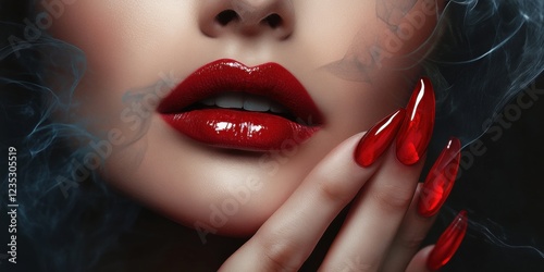 Captivating close-up of glamorous lips and nails, exuding elegance and allure. Perfect for beauty, fashion, and cosmetics branding.