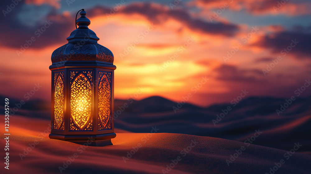 Single Ramadan lantern glowing on desert dunes at sunset, symbolizing faith, devotion, and the peaceful ambiance of the sacred holy month of fasting and prayers. Single Ramadan lantern glowing on desert dunes at sunset, symbolizing faith, devotion, and the peaceful ambiance of the sacred holy month of fasting and prayers.