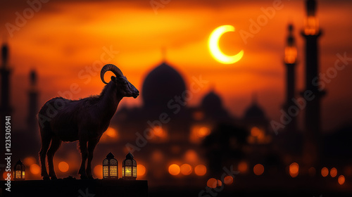 Eid al-Adha goat standing beside glowing Ramadan lantern at sunset with mosque silhouette, symbolizing Islamic traditions, faith, devotion, and spiritual reflection. photo