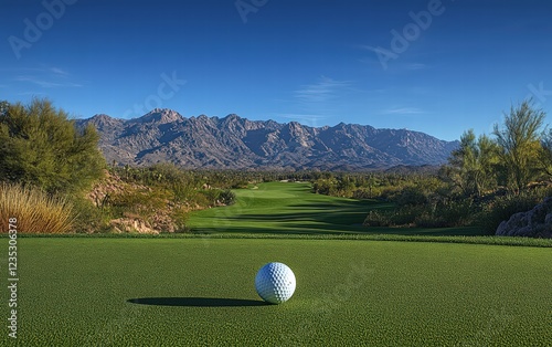 Golf ball rests on tee, majestic mountains in background.  Awaiting the perfect swing!