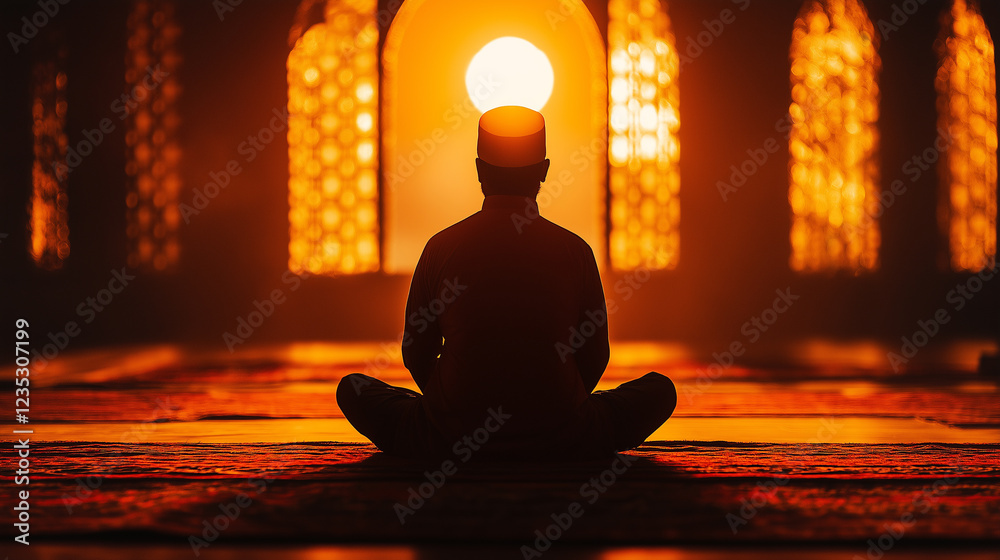 Devout Muslim man praying inside mosque at sunrise, illuminated by golden light, symbolizing faith, devotion, and the spiritual essence of Ramadan worship and reflection. Devout Muslim man praying inside mosque at sunrise, illuminated by golden light, symbolizing faith, devotion, and the spiritual essence of Ramadan worship and reflection.