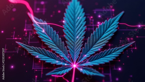 A marijuana leaf with a VHS glitch effect, flickering neon circuits across its surface. A cyberpunk fusion of retro aesthetics and futuristic digital distortions. photo