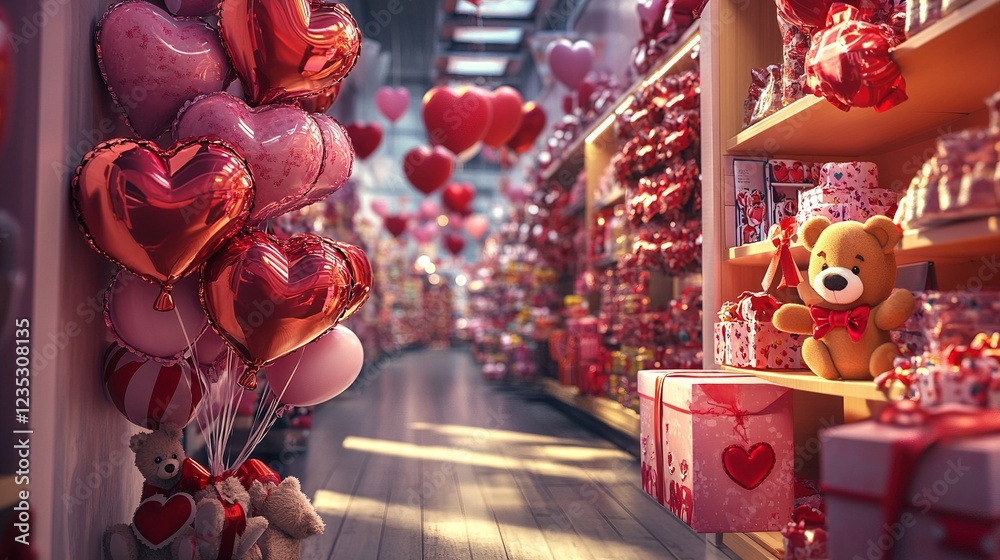 Fototapeta premium Valentine’s Day Store Aisle with Gifts, Balloons, and Teddy Bears Radiating Love and Warmth