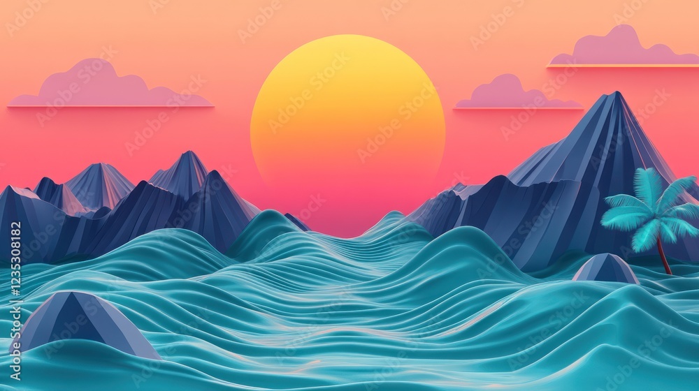 Stylized Sunset Over Wavy Ocean and Mountains
