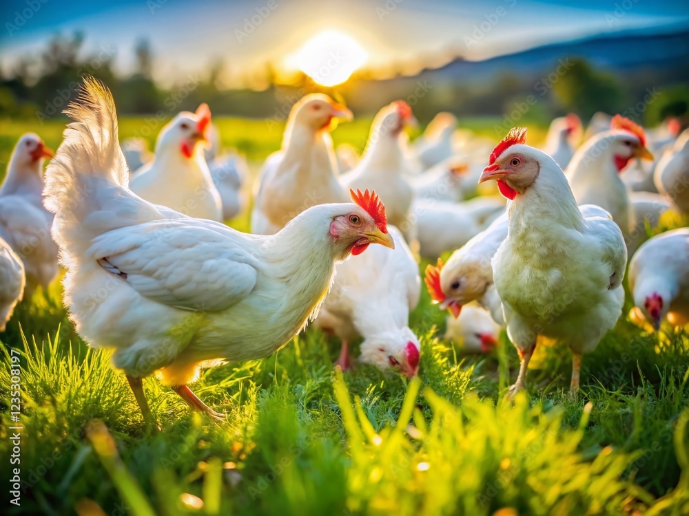 Long Exposure: White Chickens Foraging on Lush Green Grass Long Exposure: White Chickens Foraging on Lush Green Grass