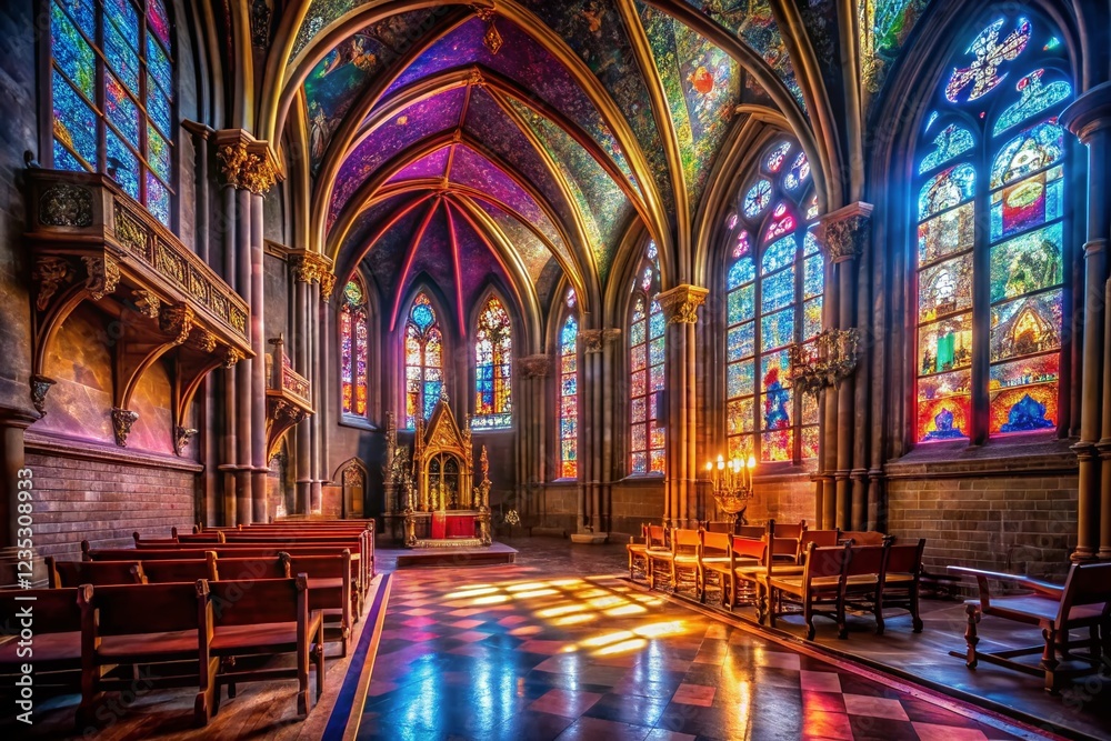 Obraz premium Low Light Photography: Saint-Pierre des Minimes Church, Dramatic Interior, Architectural Detail, Night Scene