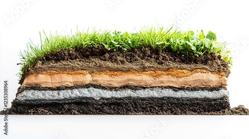 Photo of a cross-section showing different layers in soil with grass and dirt on a white background, close-up view, in natural light photo