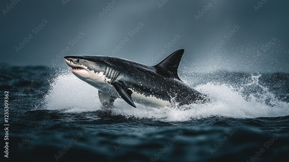 Fototapeta premium Great white shark leaping, ocean, waves, wildlife, nature, dramatic background, stock photo