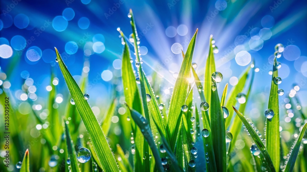 Fototapeta premium Lush Green Grass Meadow Under Bright Sunny Blue Sky - Macro Photography Stock Photo