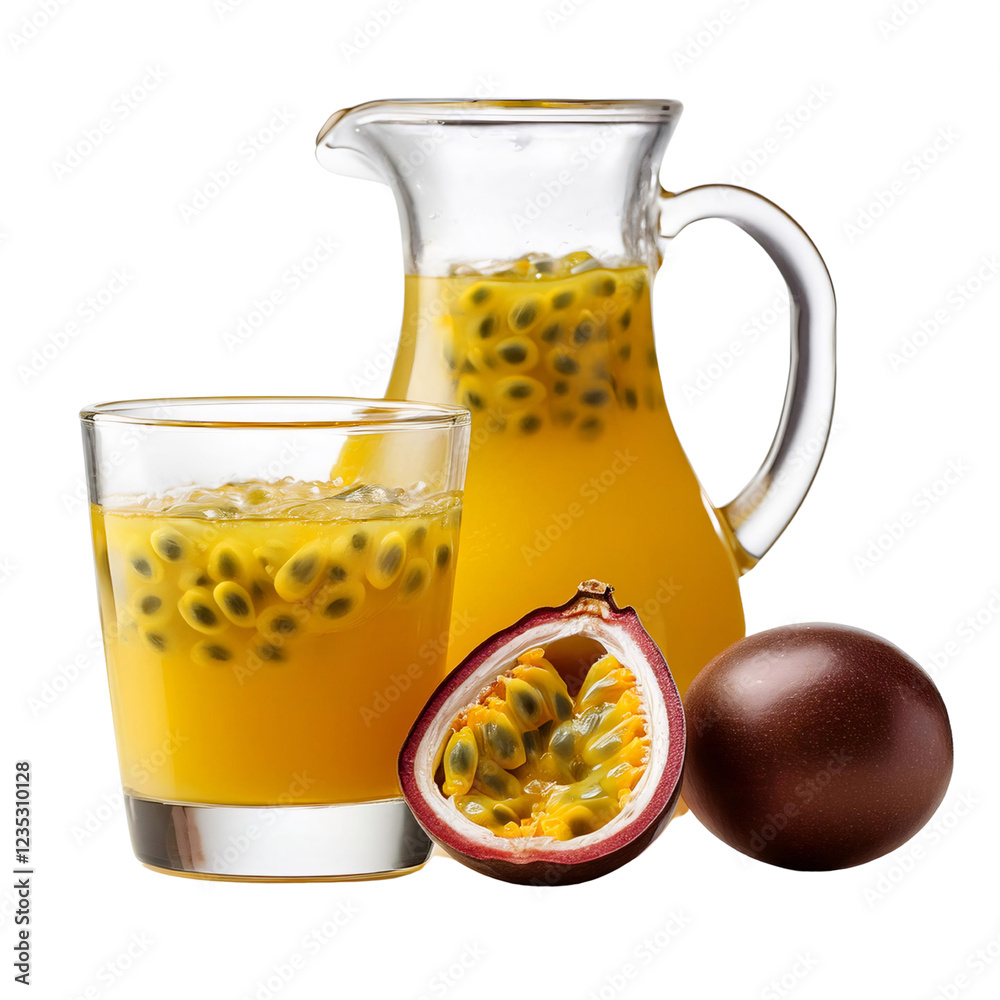 Passion Fruit Drink: Refreshing passion fruit juice in a glass and pitcher, alongside a whole and halved passion fruit, showcasing the vibrant color and seeds. Passion Fruit Drink: Refreshing passion fruit juice in a glass and pitcher, alongside a whole and halved passion fruit, showcasing the vibrant color and seeds.