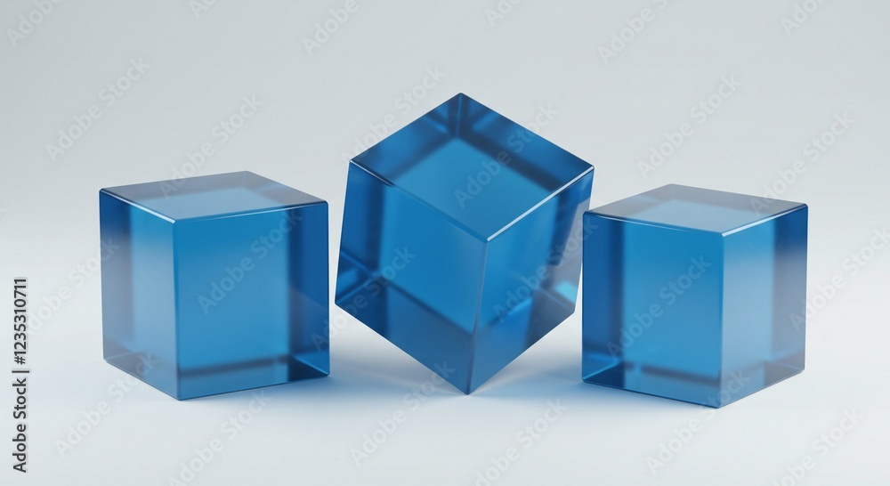 Fototapeta premium Three Transparent Blue Glass Cubes Modern Minimalist Product Display Geometric Shapes