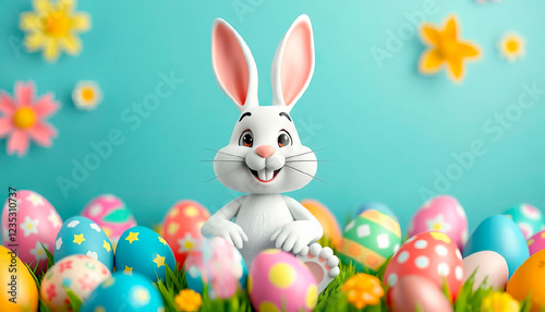 Easter bunny with colorful eggs on blue background with copy space for text