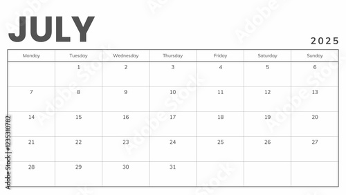 Monthly Planner July 2025, Minimalist Black and White Calendar, Monday Start Printable Calendar, Plain calendar, Dated Monthly Planner, Simple Monthly Organizer, Landscape Monthly Planner 