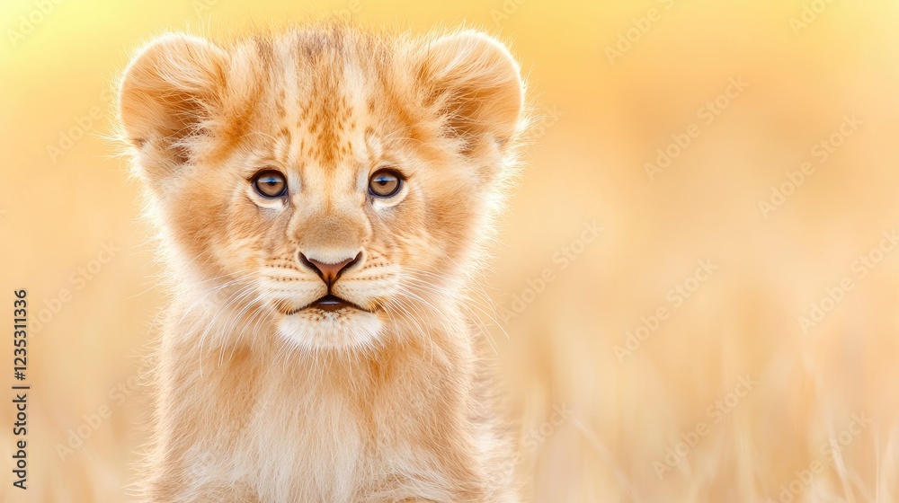 Fototapeta premium Cute lion cub looking directly at the camera in the sunny African savanna during golden hour.
