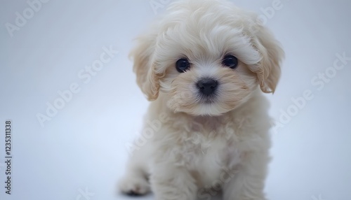 Adorable Fluffy White Puppy Sitting Against Plain Background