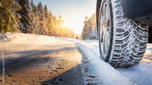 car tire in winter snow on icy roads