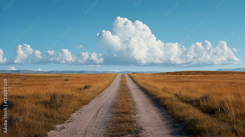 Country road leading to distant clouds, prairie landscape Country road leading to distant clouds, prairie landscape