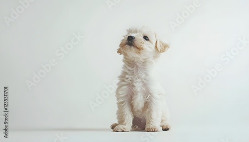Adorable Fluffy White Puppy Sitting Against White Background