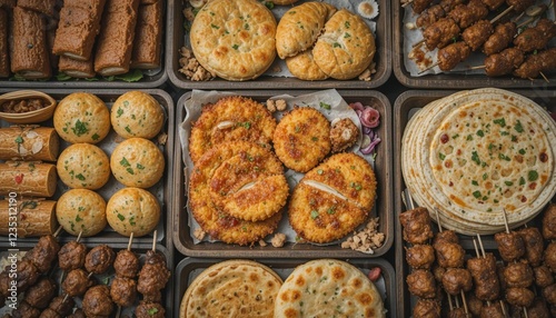 Top-Down View of Malaysian Ramadan Market Spread with Murtabak, Roti John & Satay Skewers photo